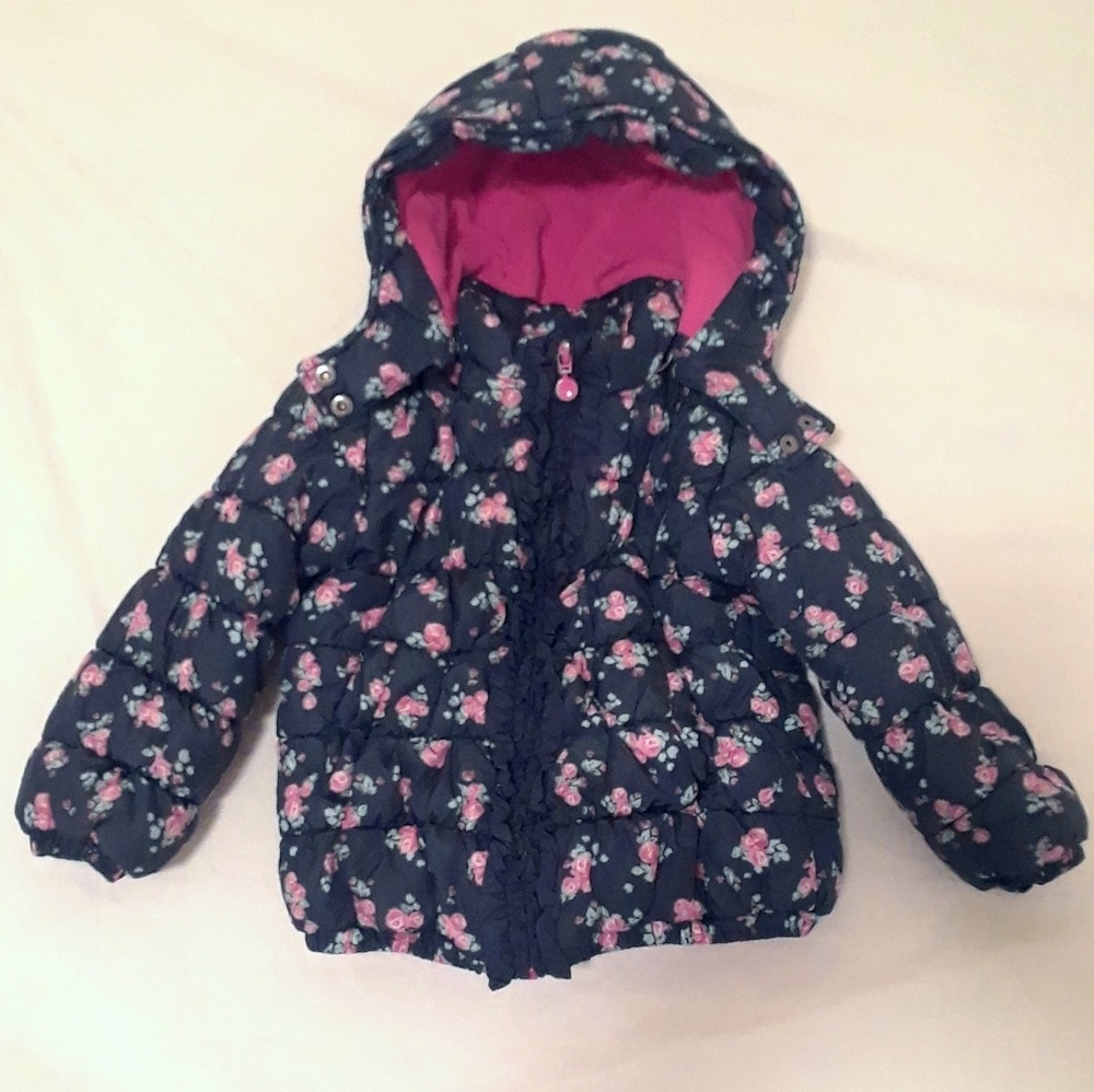 Size 2T winter jacket navy blue pink flowers